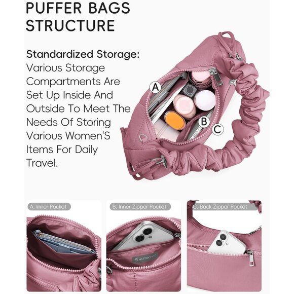 Lightweight Quilted Puffer Handbag - Trendy Nylon Purse with Adjustable Strap - Picture 3 of 6